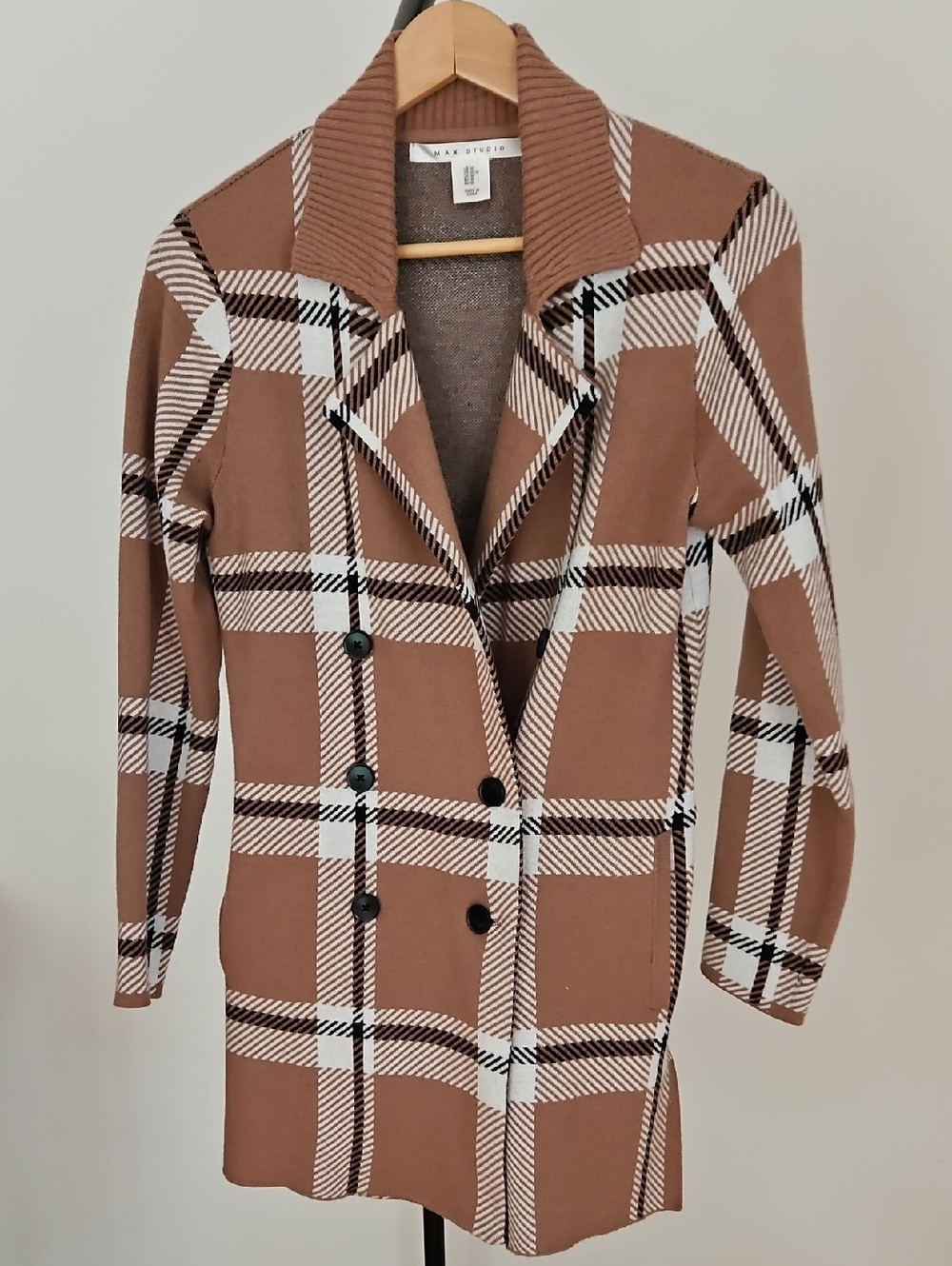 Max Studio Camel Plaid Double-Breasted Sweater Coat
